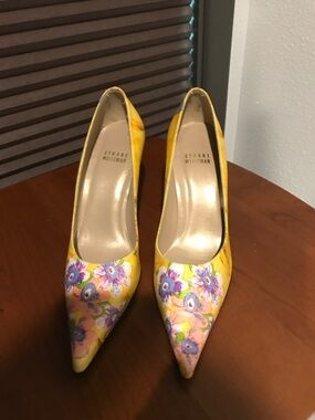 Stuart Weitzman Yellow Floral Pointed Pumps with Purple Accents